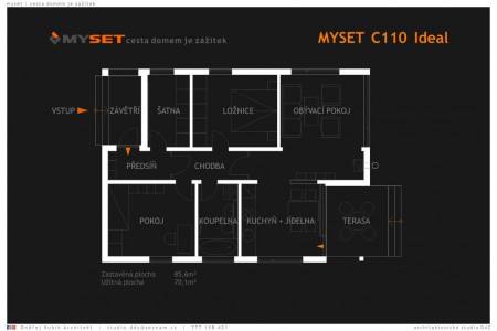 MYSET C110 Ideal - půdorys střední velikosti domu (rozrostl se navíc o jeden pokoj). 